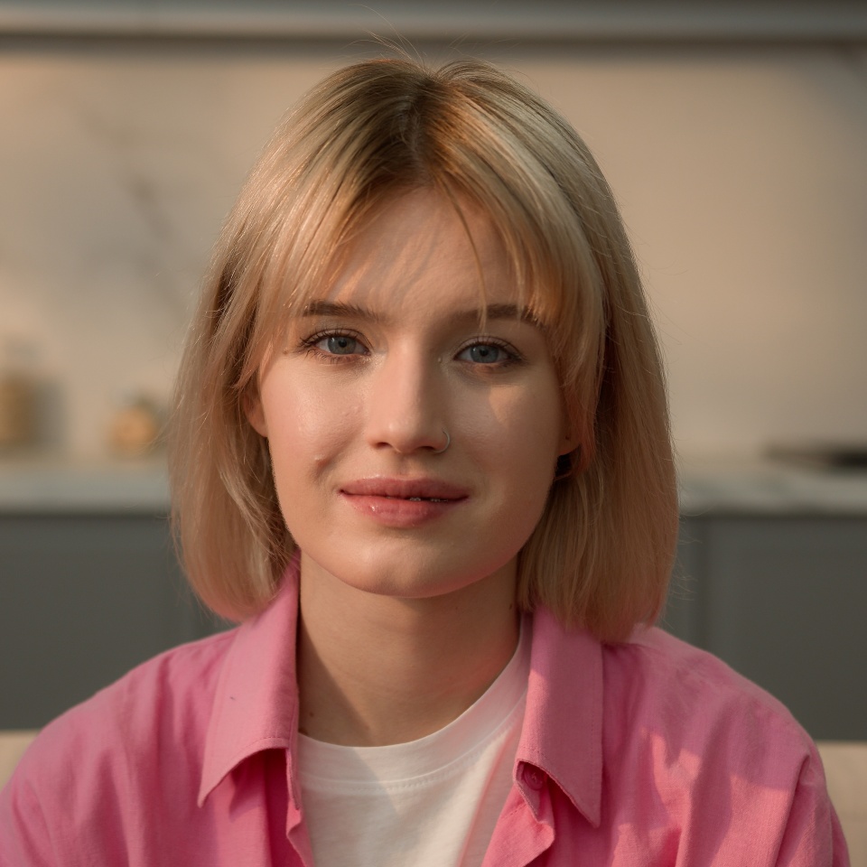 Close up portrait calm smiling peaceful Caucasian teen student girl woman lady female homeowner renter housekeeper at home apartment indoors looking at camera relaxing at couch insurance mortgage loan