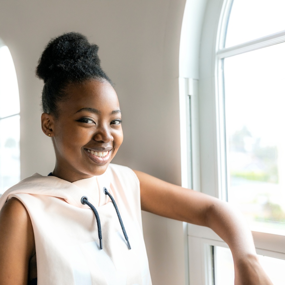 Cheerful black woman in a yoga class