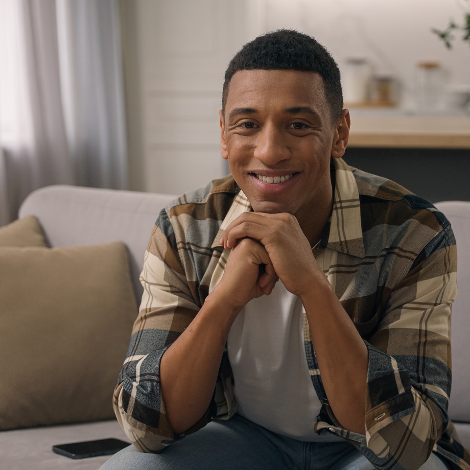 Portrait at apartment own real estate house at home couch sofa African American ethnic man smiling biracial male guy homeowner householder smile sitting indoors looking at camera happy renter joyful